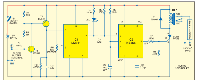 Clock Timer circuit using IC LM 311. Relay turns on when the set time in the clock arrives