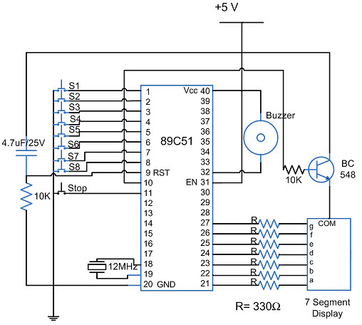 8 Candidate Quiz Buzzer Circuit using 8051 Microcontroller