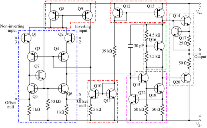 Component Level Diagram of Analog IC 741 Op-Amp Internal Circuit