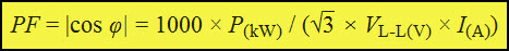 Three Phase Power Factor Calculation (Line to Line Voltage)