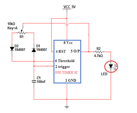 LED Driver Circuit for Brightness Control of LED by 555 Timer