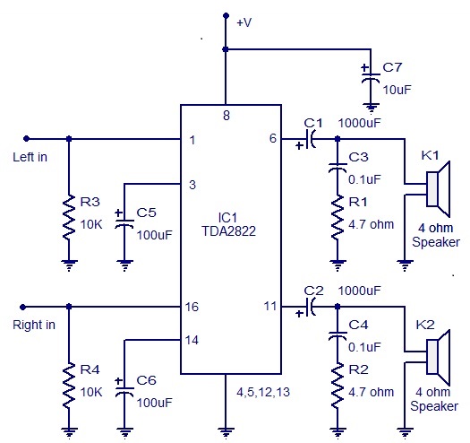 Amplifier Circuit in Stereo Mode using TDA2822