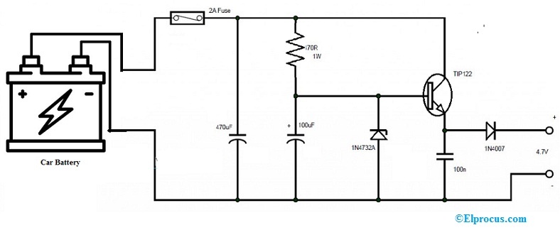 Car DC Adapter Circuit with 1N4732A Zener Diode