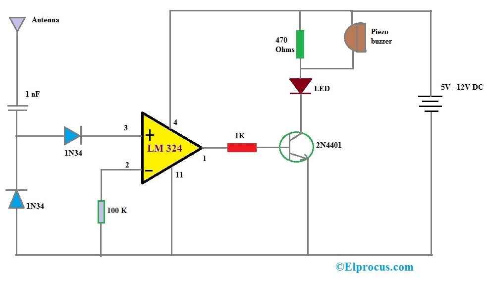 LM324 IC based Cell phone Detector Circuit Diagram