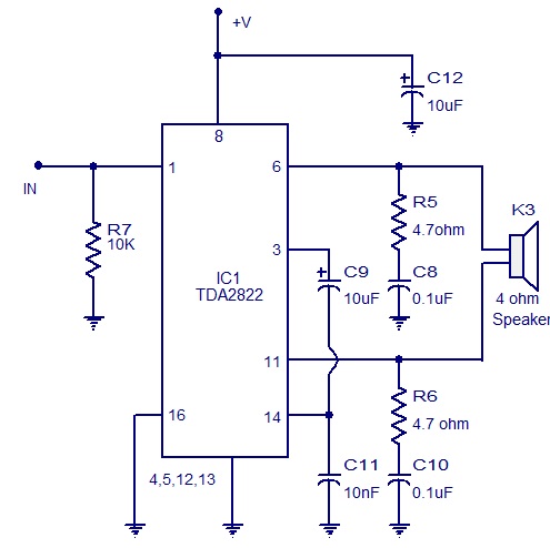 TDA2822 Amplifier Circuit In Bridge Mode